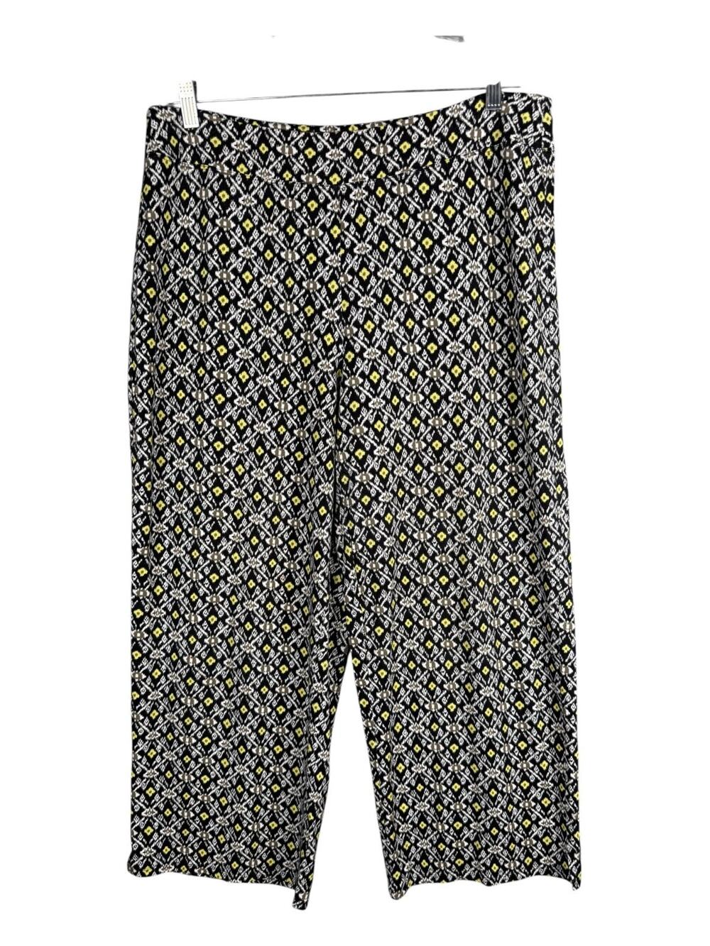 J Jill Wearever L Full Leg Cropped Pull On Pants Black White Yellow Geometric